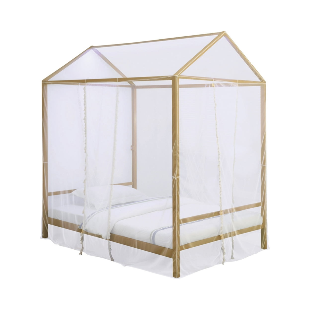 Full Size Metal Canopy Bed with Sheer Net and Overhead LED Lighting