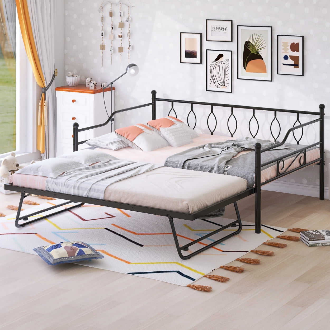Full Size Metal Daybed, HeavyDuty Metal Bed Frame with Adjustable Pull