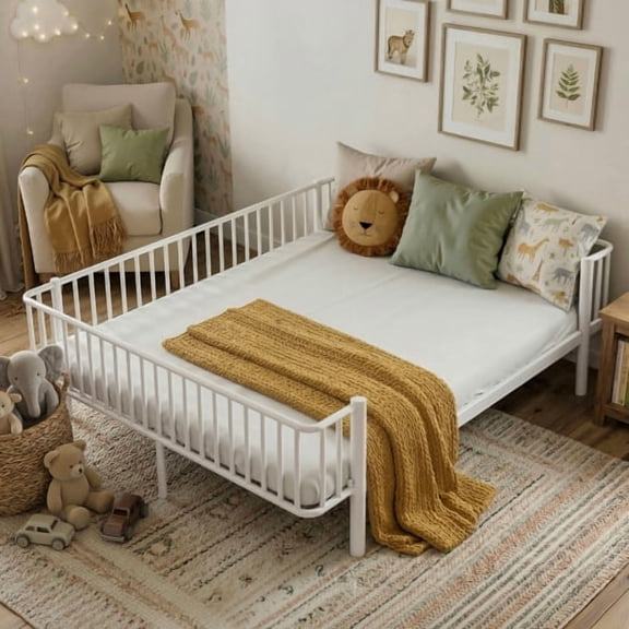 Full Size Metal Daybed, Sturdy Steel Slat Support Daybed Sofa, No Box Spring Needed, Multi-Functional for Bedroom, Living Room, Dorm, White