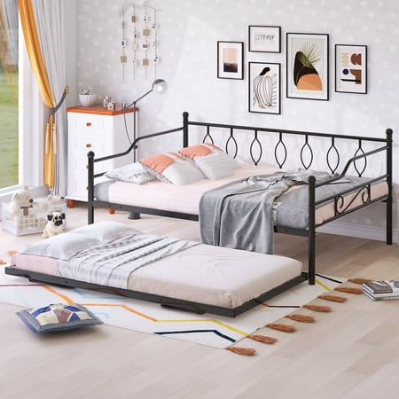 Full Size Metal Daybed with Trundle Included, LegaHome Extendable Daybed Frame with Pop Up Trundle Bed, No Box Spring Needed, Space Saving Daybed for Kids Teens Adults, Portable Folding Trundle, Black