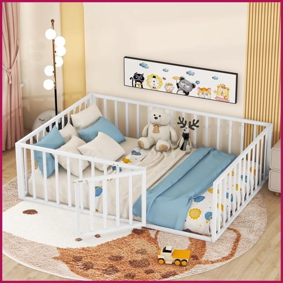 Full Size Metal Floor Bed Frame with Fence & Door, White – Versatile Open Design for Multi-Use