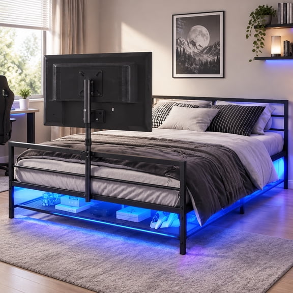 Full Size Metal Gaming Bed Frame with TV Mount, LED Lights USB Port and Storage for Teen Bedroom