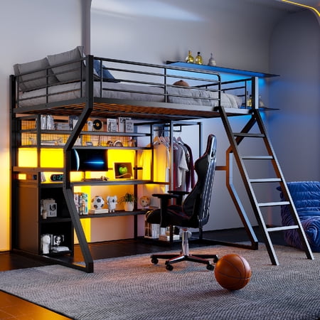 Full Size Metal Gaming Loft Bed Frame with Charging Station and Built-in Work Station, Heavy Duty Beds Frame with Led Light and Wardrobe, Multiple Storage Bedframe for Bedroom, Mattress Not Included