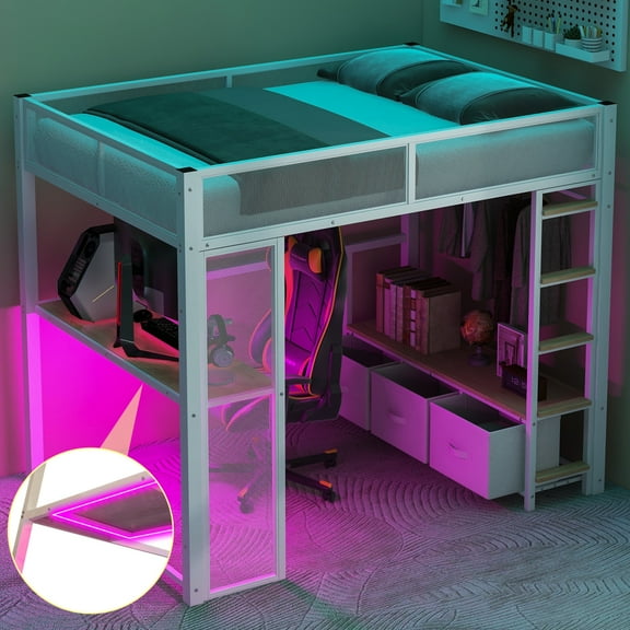 Full Size Metal Gaming Loft Bed with LED, Desk, Open Wardrobe and 3 Linen Storage Drawers, Black(ETA:1.23)