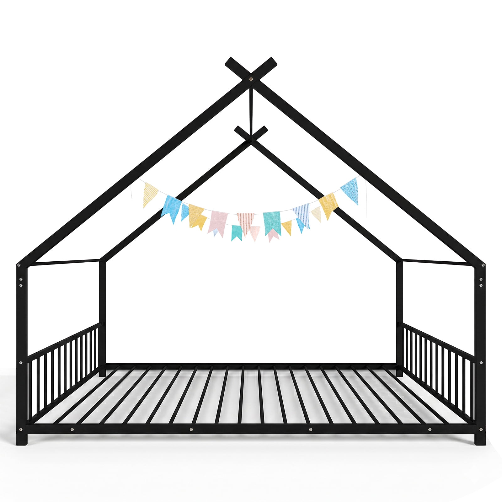 Full Size Metal House Bed Frame, Montessori Floor Bed with Safety Side Guard Rails, No Box Spring Needed, House-Shaped Platform Bed for Kids Toddlers Boys Girls, Black