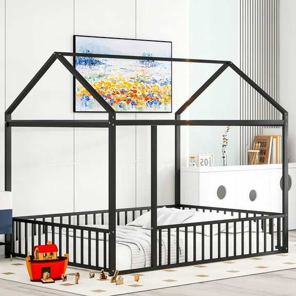 Full Size Metal House Bed Frame with Rails, Montessori Floor Bed  without Slats (Black)