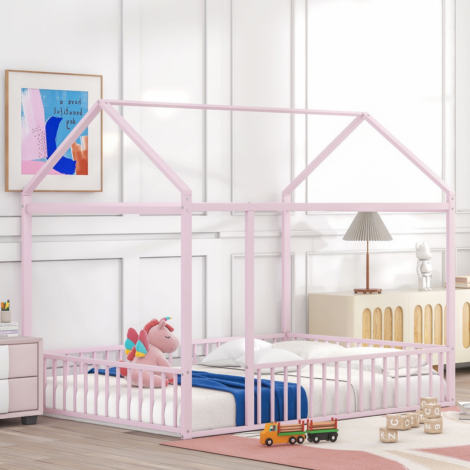 Full Size Metal House Bed Frame with Rails, Montessori Floor Bed  without Slats (Pink)