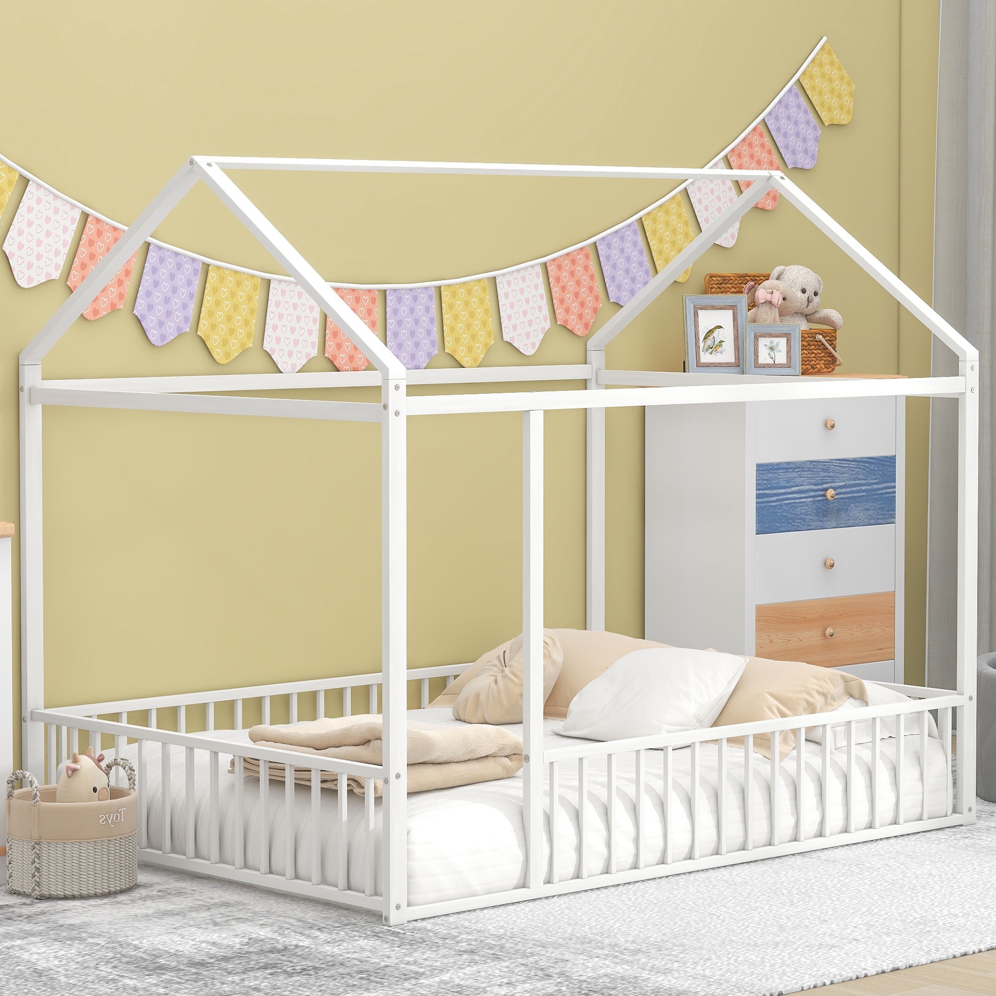 Full Size Metal House Bed Frame with Rails, Montessori Floor Bed without Slats (White)