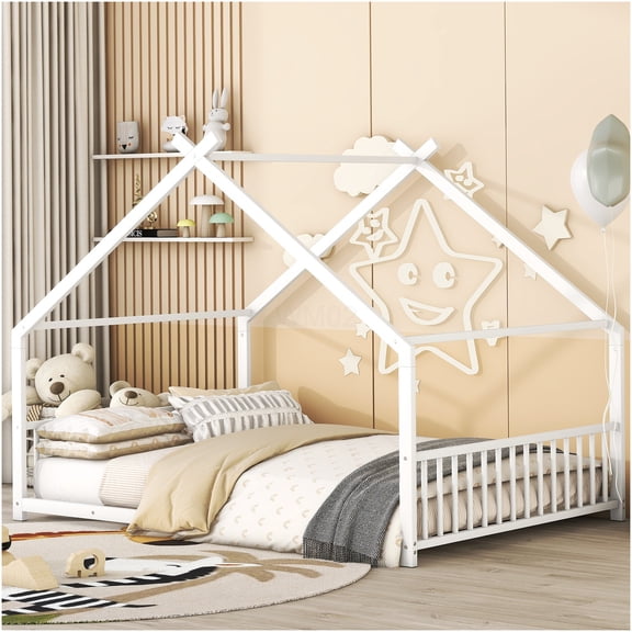 Full Size Metal House Bed Frame with Roof Playhouse Design, Sturdy All-Metal Structure for Enhanced Stability and Safety, No Box Spring Needed