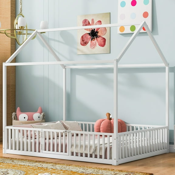 Full Size Metal House Bed with Fence & Door, White