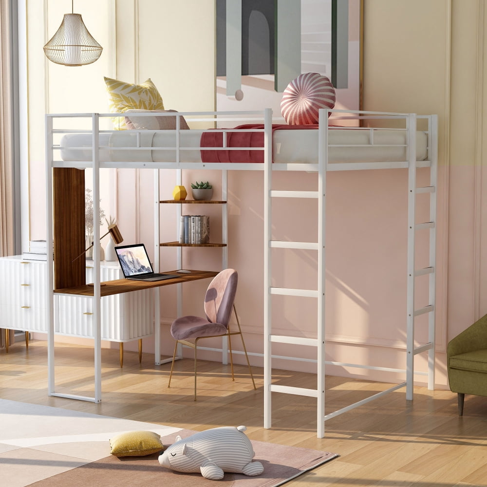 Full Size Metal Loft Bed with 2 Shelves and 1 Desk, 2 Build-in Ladders ...