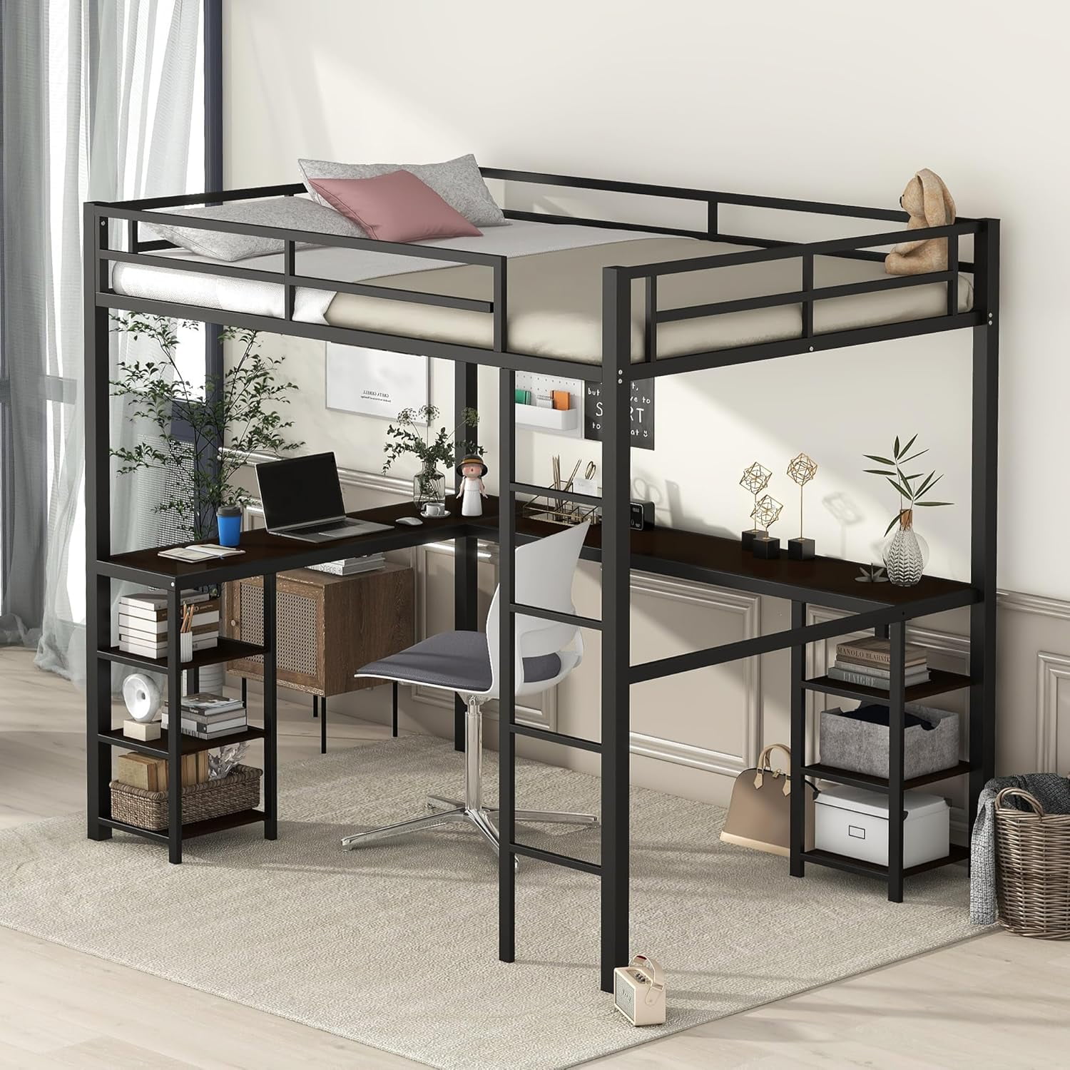 Full Size Metal Loft Bed with Desk and Storage Bookcase, Modern Style