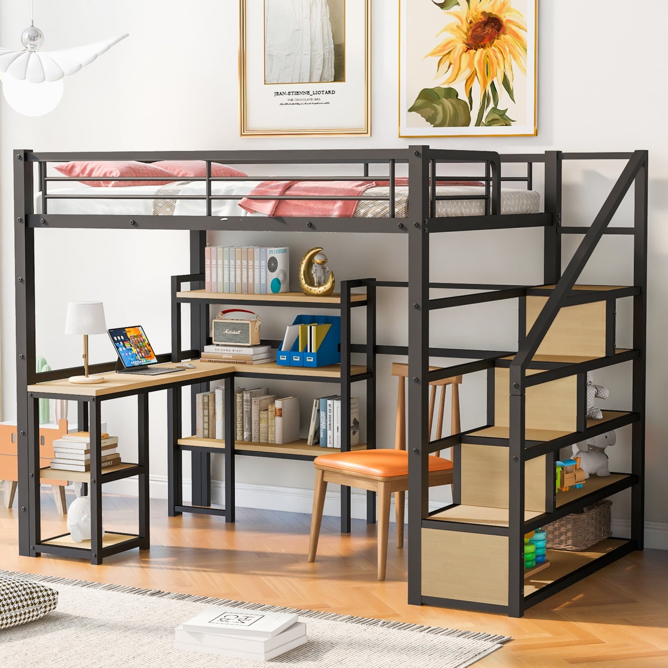 Full Size Metal Loft Bed with Desk, Storage Staircase and 3Tier Shelves, 3in1 High Loft Bed