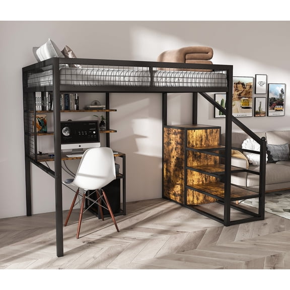 Full Size Metal Loft Bed with Desk and Wardrobe, Heavy Duty Loft Bed Frame with Storage Stairs, Charging Station, Safety Guardrails, Gaming Bed for Adults, Teens