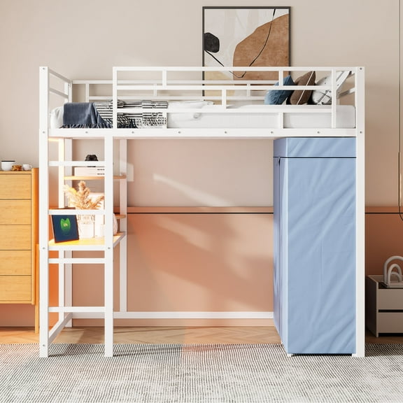 Full Size Metal Loft Bed with Desk and Wardrobe, Heavy Duty Loft Bed Frame with Storage Stairs, LED Loft Bed Full with Charging Station, Space Saving Loft Bed,White