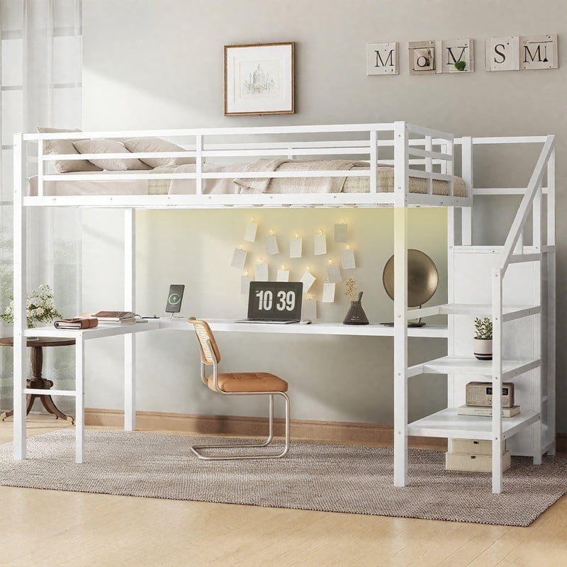 Full Size Metal Loft Bed with Desk and Wardrobe, Heavy Duty Loft Bed ...