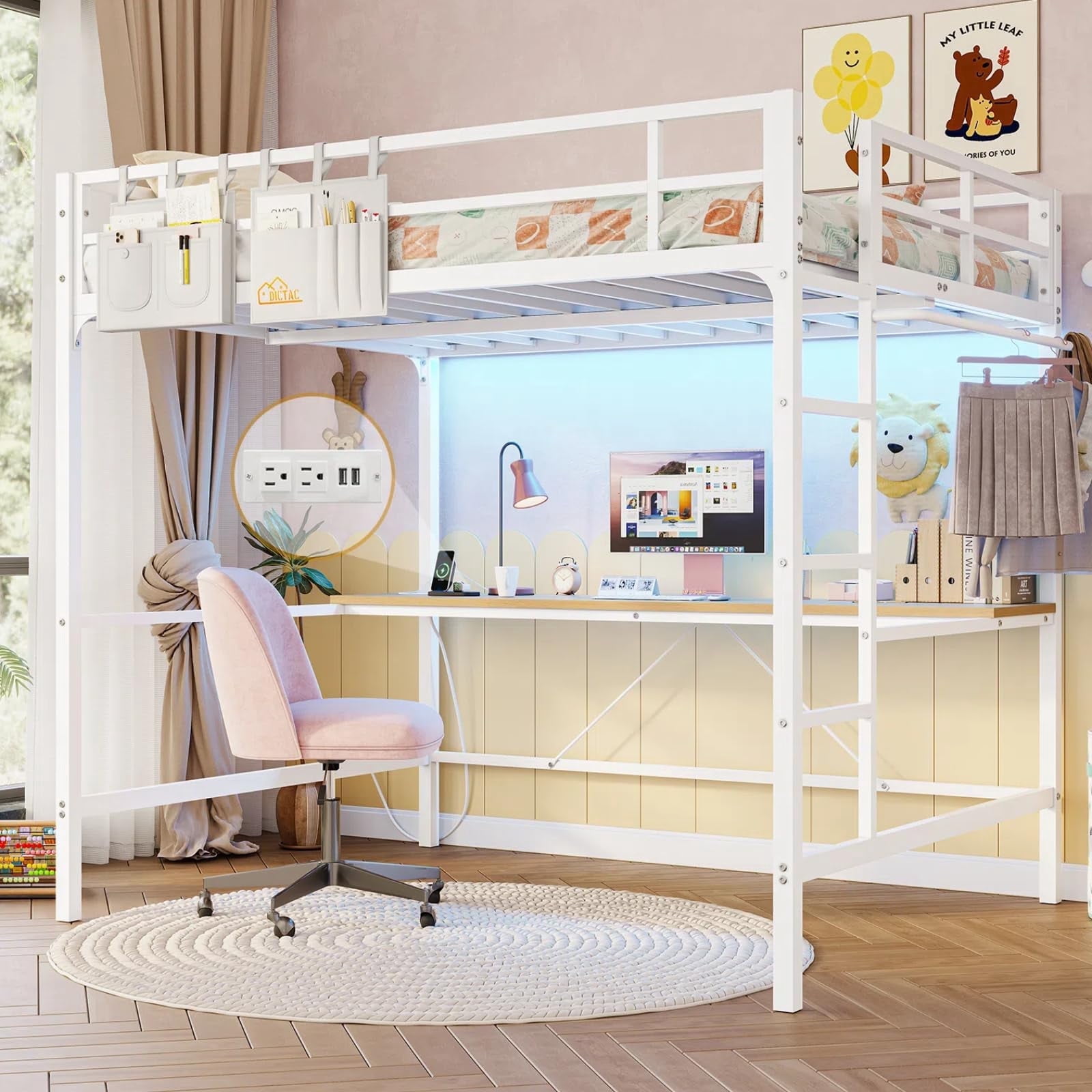 Full Size Metal Loft Bed Frame with Desk and Led Lights and Charging ...