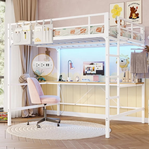 Full Size Metal Loft Bed Frame with Desk and Led Lights and Charging Station, Full Loft Bed Frame Safety Guard & Ladder for Bedroom, No Box Spring Needed, White