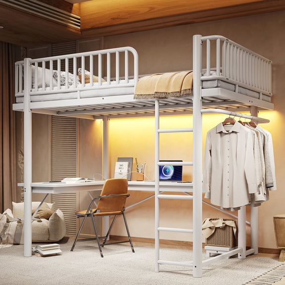 Full Size Metal Loft Bed with L Shaped Desk, Heavy Duty Loft Bed Frame with Computer Mainframe Tray, Led Light Strip & Charge Station, Industrial Style Loft Bed with Hanging Area, White