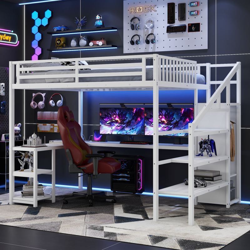 Full Size Metal Loft Bed with L-Shaped Desk & Wardrobe, Built-in USB ...