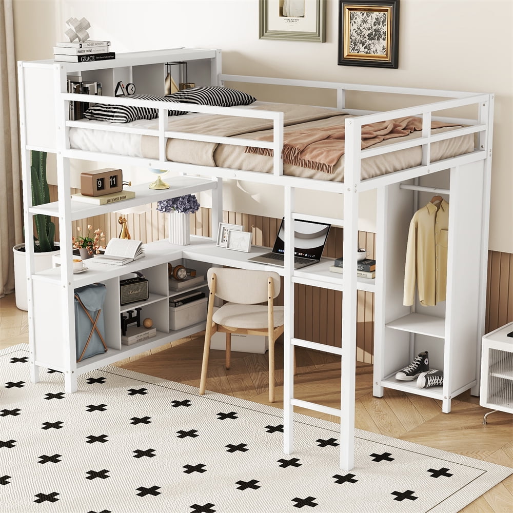 Full Size Metal Loft Bed with L-Shaped Desk and Wardrobe, Heavy Duty ...
