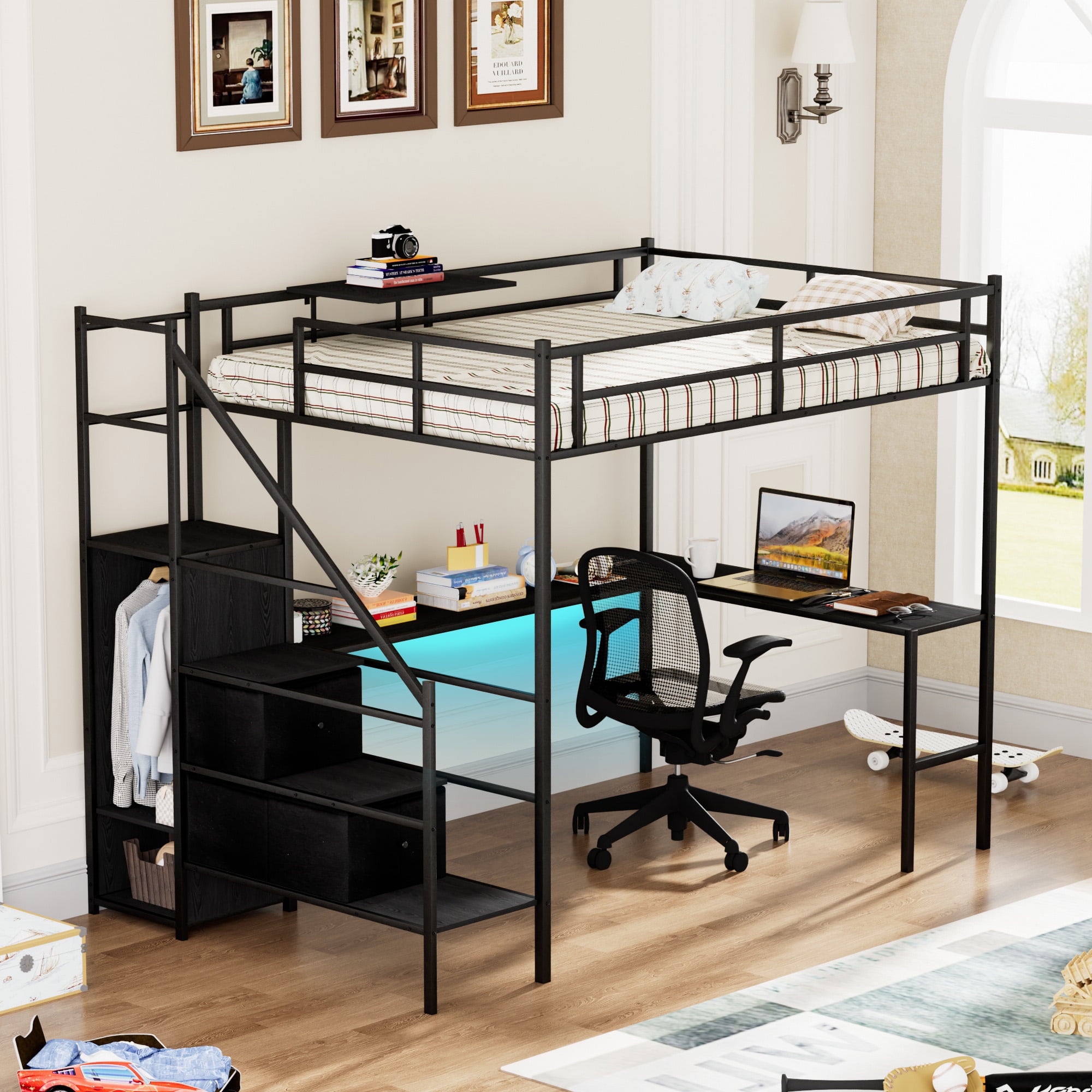 Full Size Metal Loft Bed with L-shaped Desk, LED Lights, Charging ...