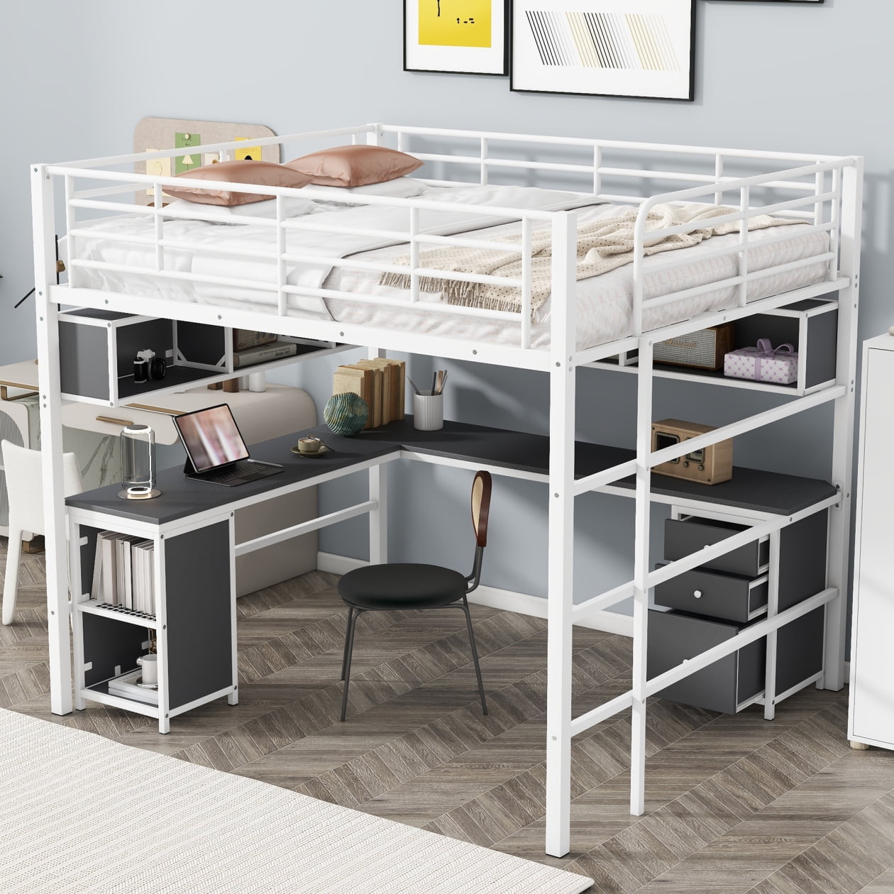 Full Size Metal Loft Bed with Open Shelves Bookcase and Storage Cabinet ...