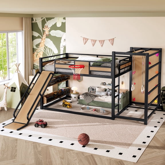 Full Size Metal Loft Bed,Playful Design with Basketball Hoop, Pull-Up Rings, Climbing Wall, Slide and Built-in Bookshelves, Heavy Duty Metal Bed Frame for Bedroom,Yellow