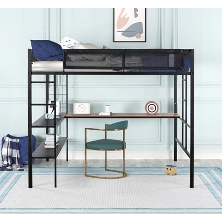 Full Size Metal Loft Bed - Sturdy Construction, Quiet Wood Slats & Textilene Guardrail