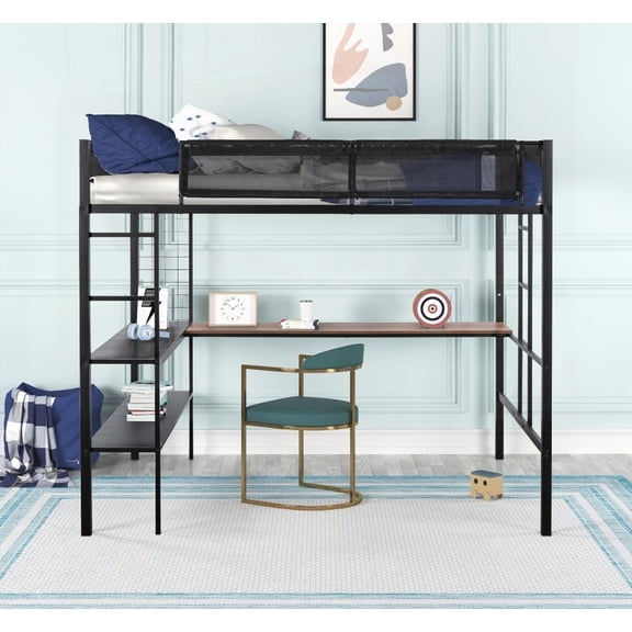 Full Size Metal Loft Bed - Sturdy Construction, Quiet Wood Slats & Textilene Guardrail