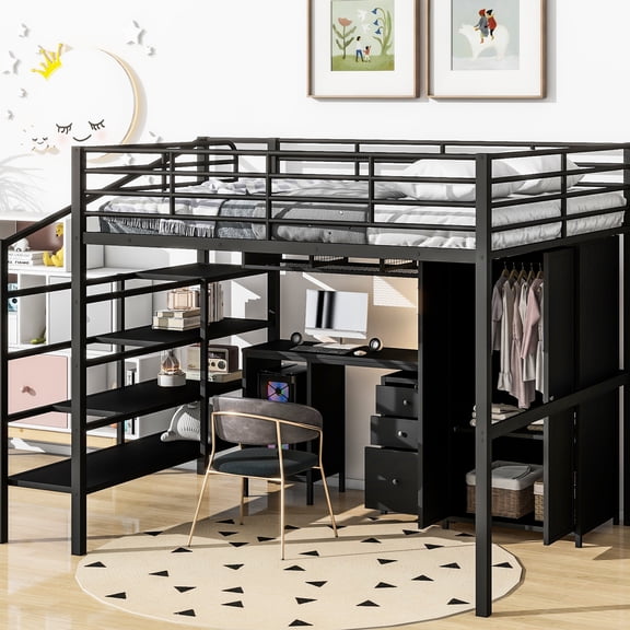 Full Size Metal Loft Bed With Table And Wardrobe, Black - Modern Build, Frame Structure, Abundant Storage Areas, Simple Assembly Processes Full, Design, Robust Construction, Ample Facilities,