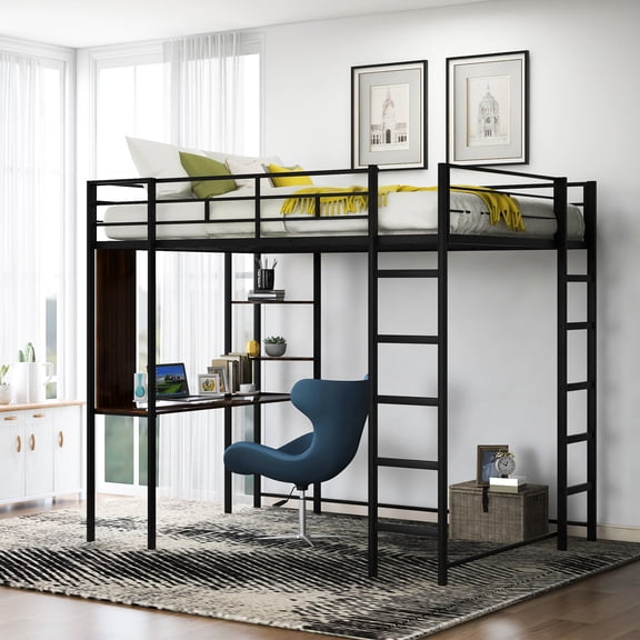 Full Size Metal Loft Bed With 2 Shelves And Desk, Black - Strong Space Saving Desk Shelves, Construction