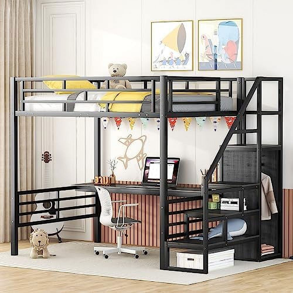 Full Size Metal Loft Bed With Desk And Stairs & Wardrobe, Modern Style