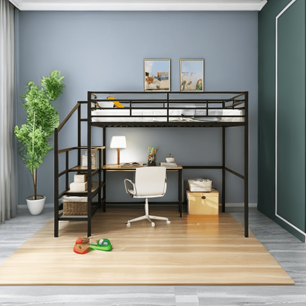 Full Size Metal Loft Bed with 4-Layers Lateral Storage Ladder,Space ...