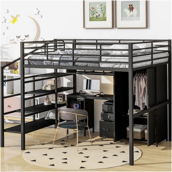 Full Size Metal Loft Bed with Built-in Desk & Wardrobe, Space Saving Bed Frame with Shelves for Small Rooms