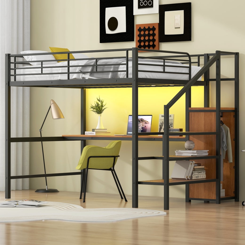 Full Size Metal Loft Bed with Desk, LED Light, Storage Staircase and ...