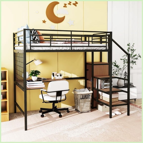 Full Size Metal Loft Bed with L-Shaped Desk, Storage Ladder & Wardrobe - Black for Compact Bedrooms