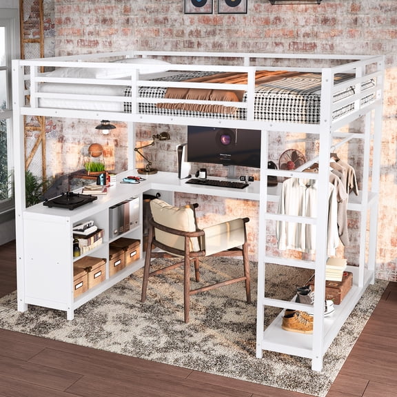 Full Size Metal Loft Bed with L-Shaped Desk & Wardrobe - Storage Cubes & Shelves Included, Multifunctional Bed for Adults,Black