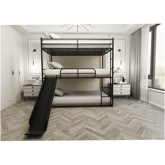 Full Size Metal Loft Bed with Slide, Ladder & Playhouse Design, Twin XL Trundle Option, Space-Saving Bedroom Furniture, Black