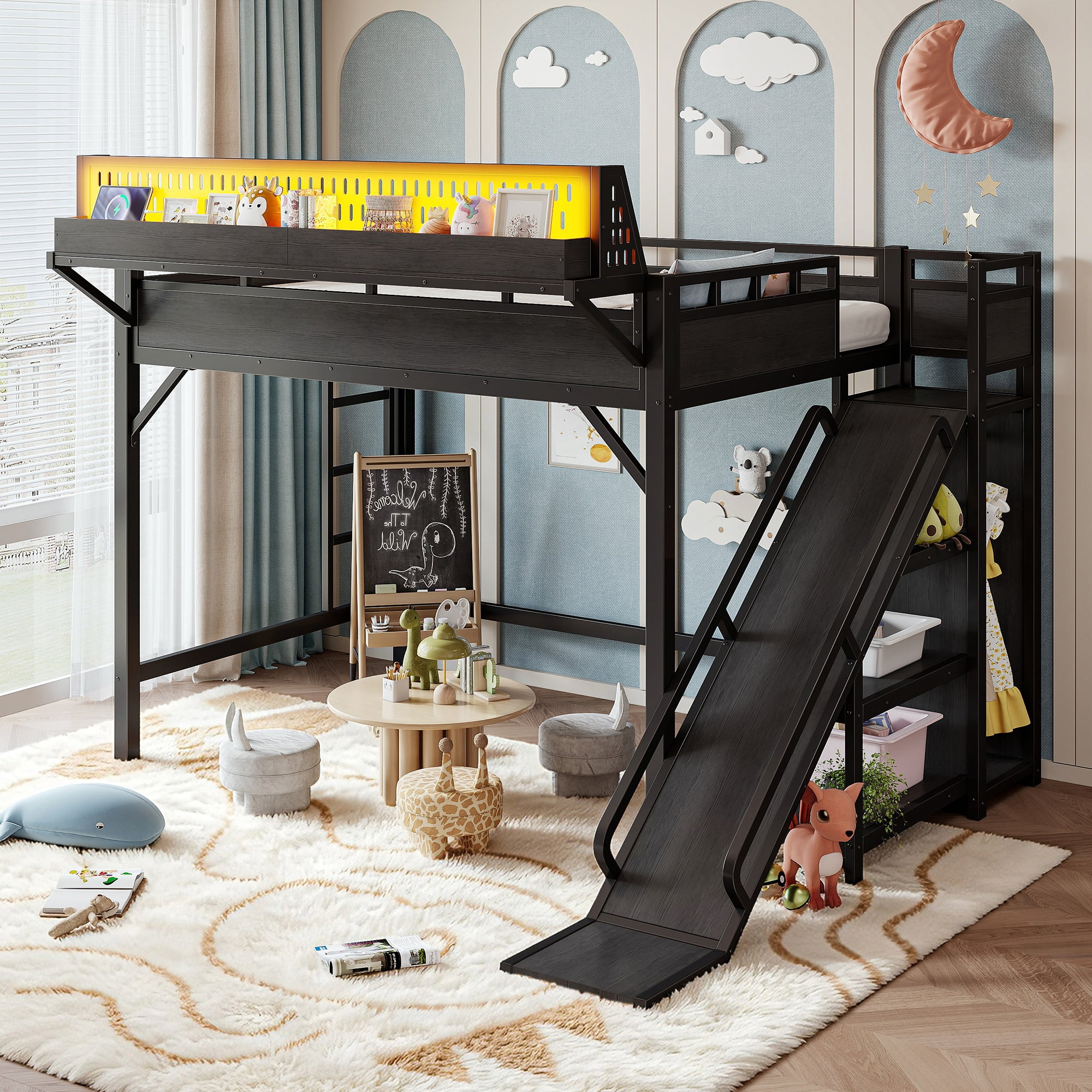 Full Size Metal Loft Bed with Slide and Storage Shelves, Built-in Wardrobe and USB Ports with LED Lights for Kids, Black