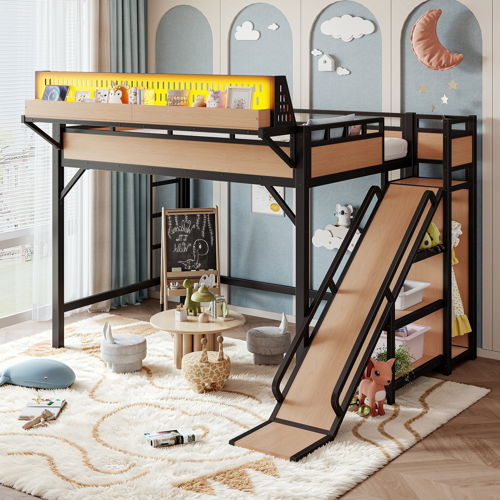 Full Size Metal Loft Bed with Slide and Storage Shelves, Built-in Wardrobe and USB Ports with LED Lights for Kids, Natural