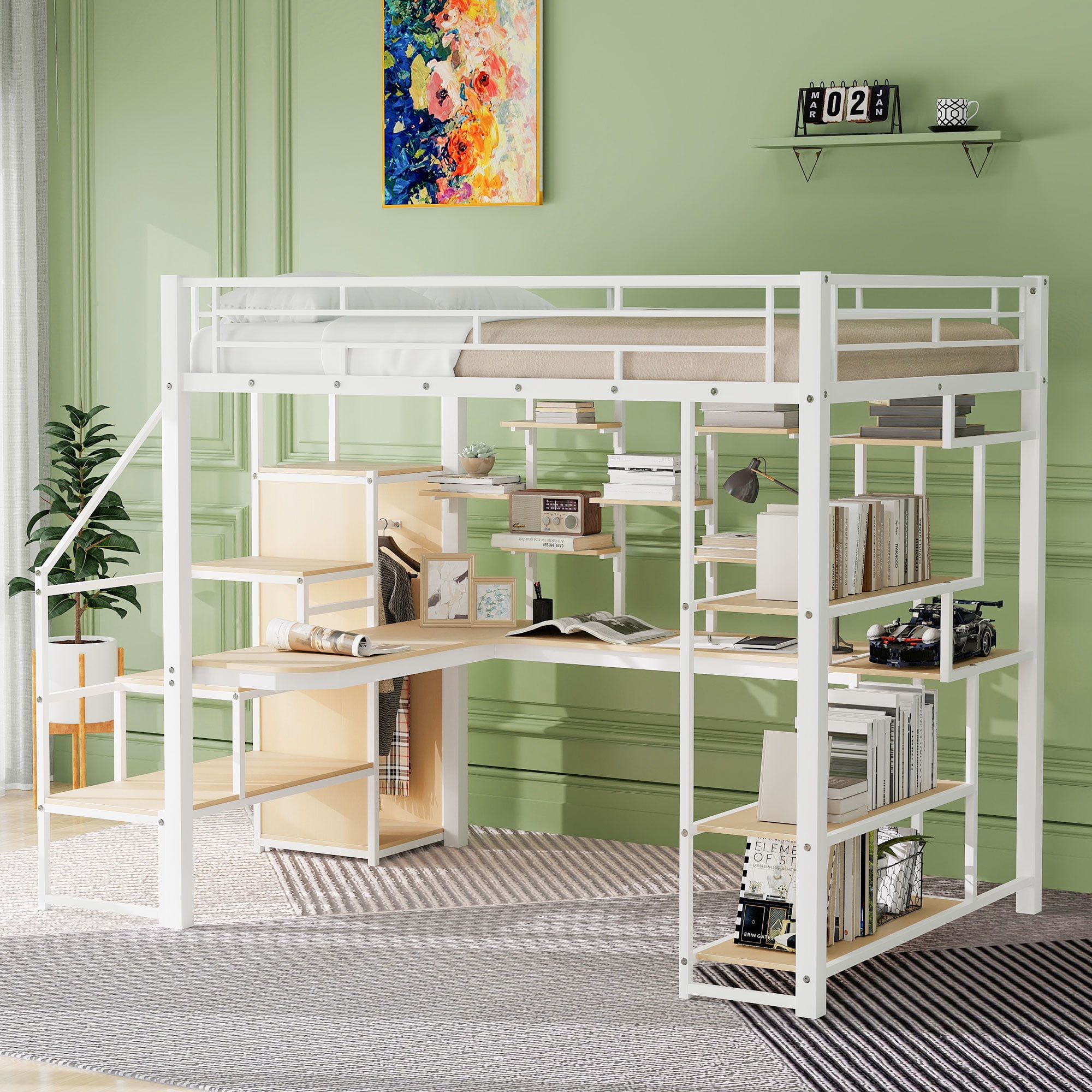 Full Size Metal Loft Bed with Storage Staircase and Small Wardrobe ...