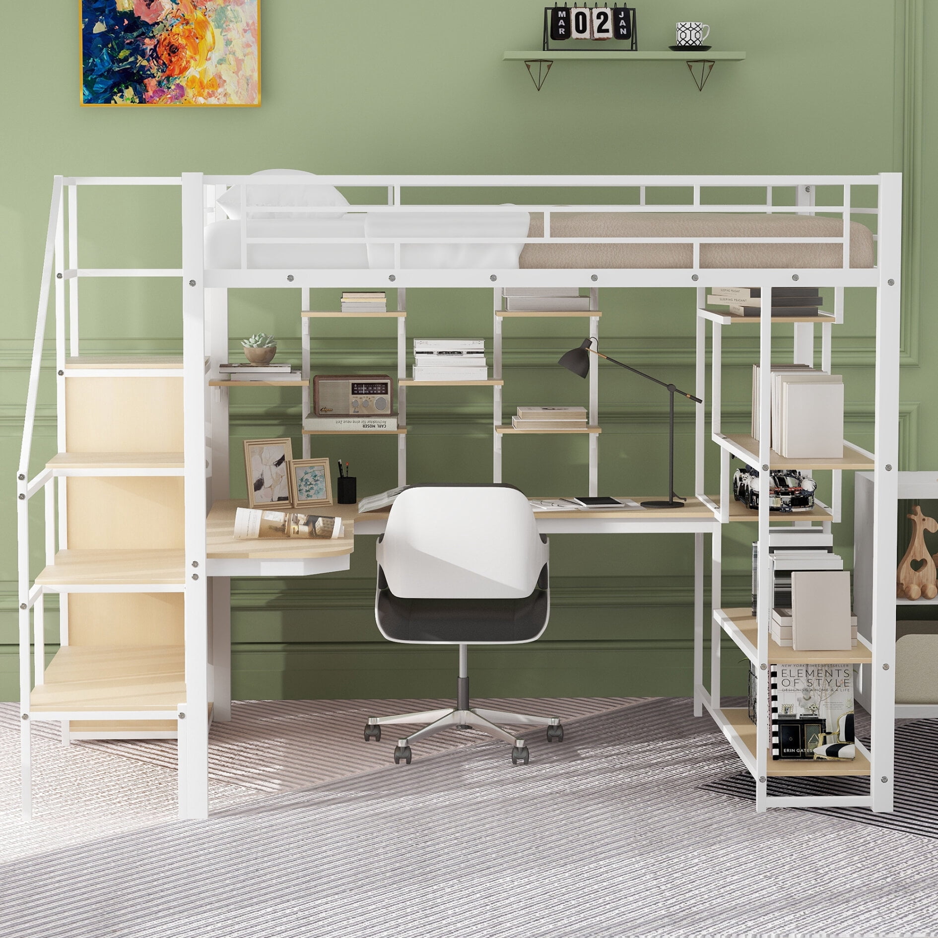 Full Size Metal Loft Bed with Storage Staircase and Small Wardrobe ...