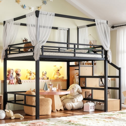 Full Size Metal Loft Bed with Storage Stairs, Built-in Wardrobe, Canopy Frame, LED Light, and Ample Underbed Space, Black