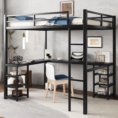 Full-Size Metal Loft Bed with Study Area/Maximize Small Bedroom Space
