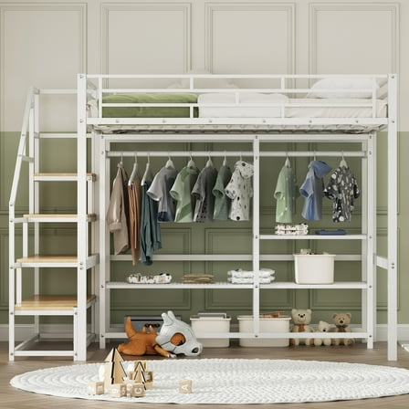 Full Size Metal Loft Bed with Wardrobe and Storage Shelves, White