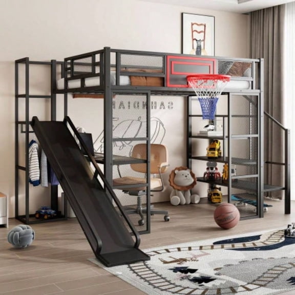 Full Size Metal Loft bed with Built - in Desk, Open Wardrobe, Basketball hoop, Slide and Staircase, Black