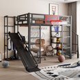 thumbnail image 1 of Full Size Metal Loft bed with Built-in Desk, Open Wardrobe, Basketball hoop, Slide and Staircase, Black, 1 of 18