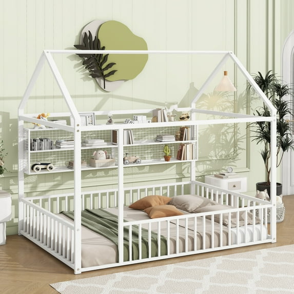 Full Size Metal Montessori Floor Bed with Canopy Roof and Storage Shelves, Low Height Wooden Frame with Safety Rail, No Box Spring Needed, Easy Assembly, White