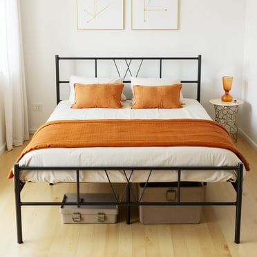 Full Size Metal Platform Bed Frame, Heavy Duty Mattress Foundation with Steel Slats Support, No Box Spring Needed, Black